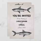 ヴィンテージシャークカップル目的地ビーチ結婚式 招待状 (正面/裏面)