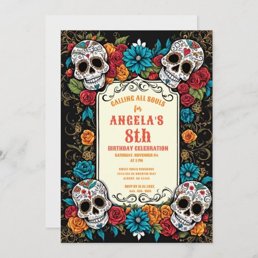 ヴィンテージシュガースカルディアデロスムエルトス誕生日 招待状 (正面/裏面)