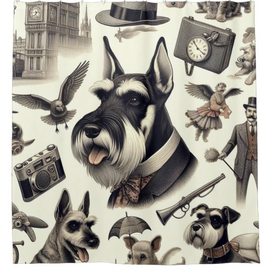 ヴィンテージシュナウザーイラストレーション シャワーカーテン (正面)