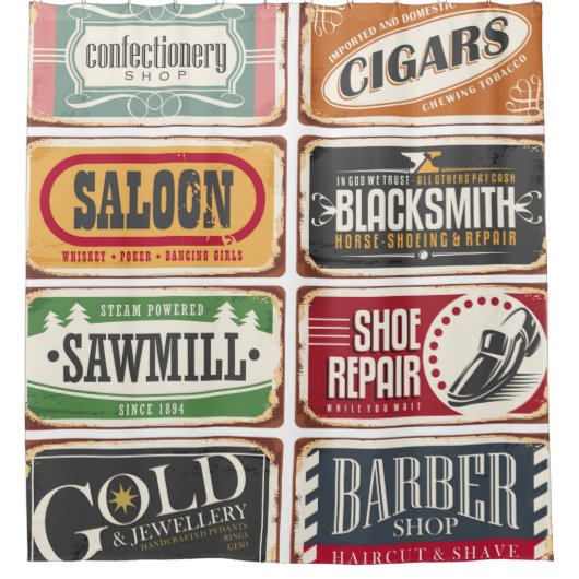 ヴィンテージショップポスターコレクション。レトロストアtin s シャワーカーテン (正面)