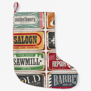 ヴィンテージショップポスターコレクション。レトロストアtin s スモールクリスマスストッキング