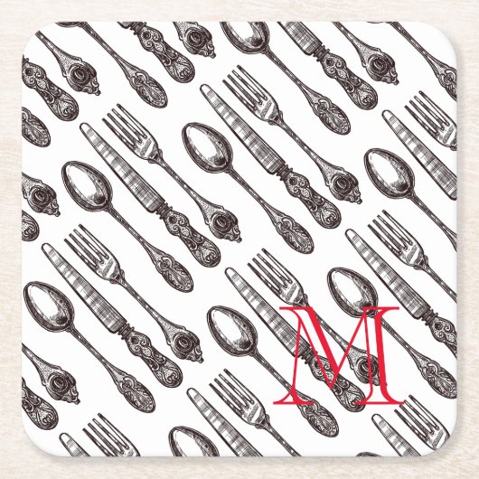 ヴィンテージシルバクラシックウェアグルメイニシャル スクエアペーパーコースター (正面)