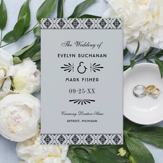 ヴィンテージシルバーとブラックのアールデコ結婚式 プログラム