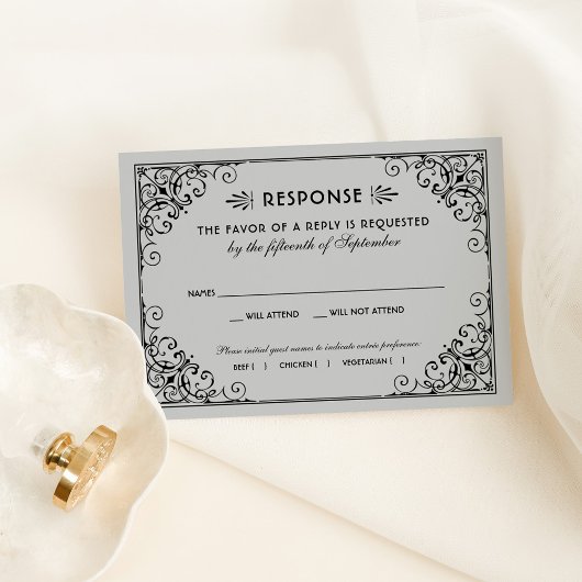 ヴィンテージシルバーとブラックアールデコ結婚ズ 出欠カード