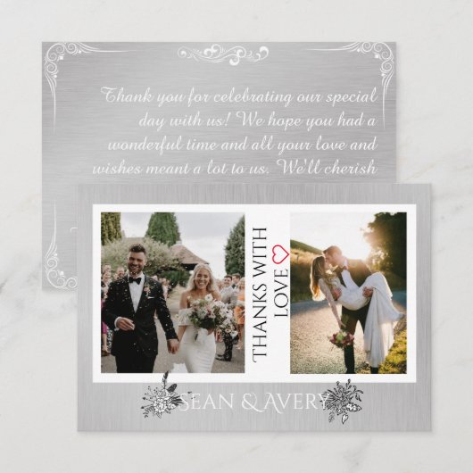 ヴィンテージシルバーとホワイトパーソナライズされたズ結婚 サンキューカード (正面/裏面)