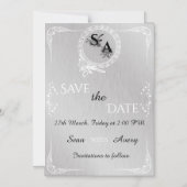 ヴィンテージシルバーとホワイト縁どア結婚ファッショ マグネット招待状 (正面)