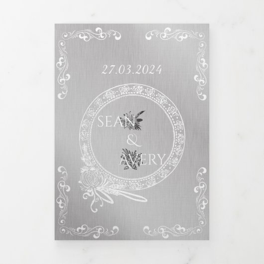 ヴィンテージシルバーとホワイト縁どア結婚ファッショ 三つ折り案内状 (カバー)