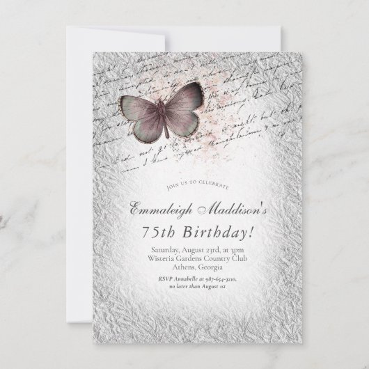 ヴィンテージシルバーエレガンスセーブザデイト誕生日 招待状 (裏面)