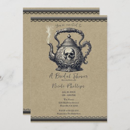 ヴィンテージシルバースカルティーケトルブライダルシャワー 招待状 (正面/裏面)
