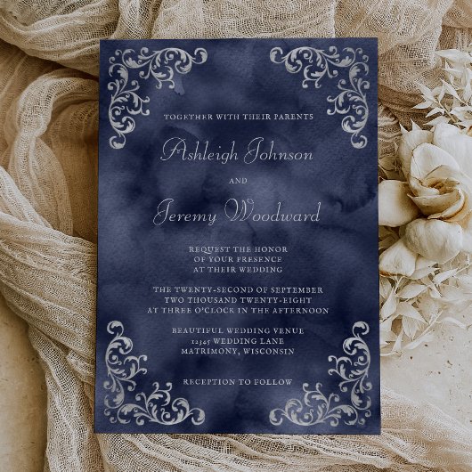 ヴィンテージシルバーネイビーブルーウォーター結婚カラー 招待状