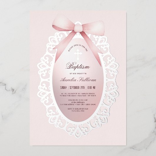 ヴィンテージシルバーフレームピンクバプテスマ 箔招待状 (正面)