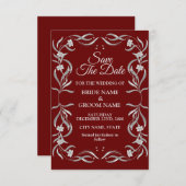 ヴィンテージシルバーフローラルパターンレッドエレガントな結婚式 セーブザデート (正面/裏面)
