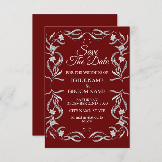 ヴィンテージシルバーフローラルパターンレッドエレガントな結婚式 セーブザデート (正面/裏面)