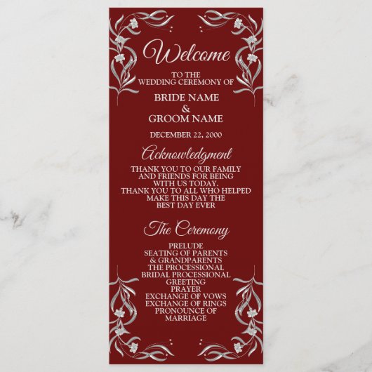 ヴィンテージシルバーフローラルパターンレッドエレガントな結婚式 プログラム (正面)