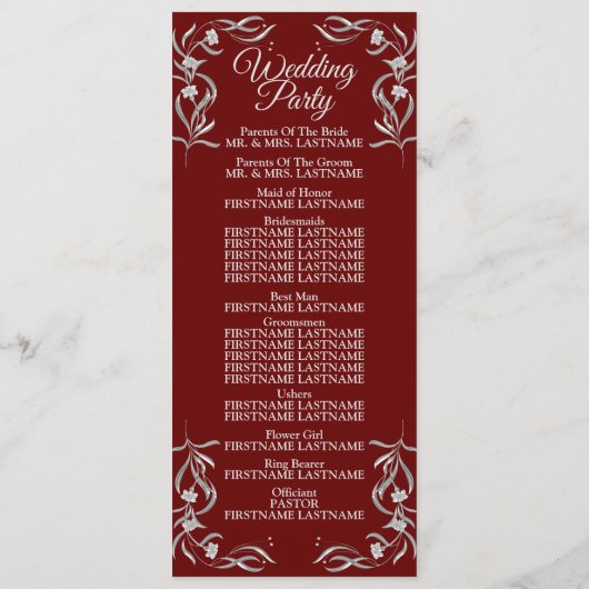 ヴィンテージシルバーフローラルパターンレッドエレガントな結婚式 プログラム (裏面)