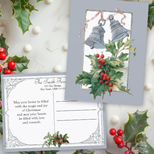 ヴィンテージシルバーベルズアンドホリー シーズンポストカード