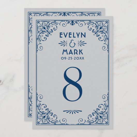 ヴィンテージシルバー海軍アールデコ結婚のテーブル番号 招待状 (正面/裏面)
