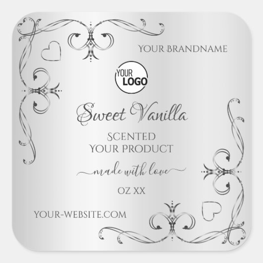 ヴィンテージシルバー製品ラベルの華美コーナーロゴ スクエアシール (正面)