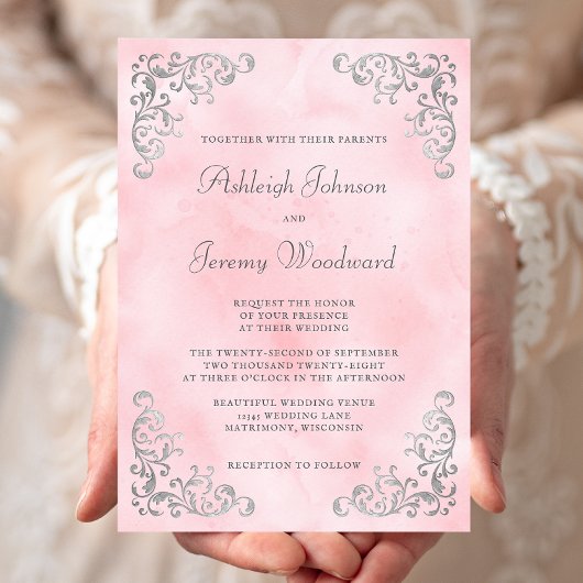 ヴィンテージシルバー赤面ピンクウォーター結婚カラー 招待状