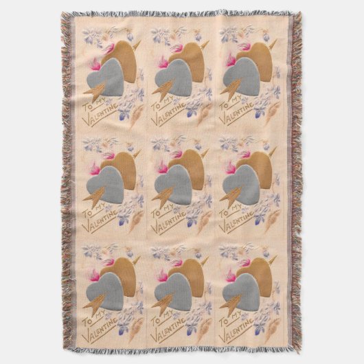 ヴィンテージシルバー&金ゴールドハートバレンタインポストカード スローブランケット (正面縦)