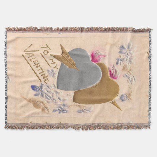ヴィンテージシルバー&金ゴールドハートバレンタインポストカード スローブランケット (正面)
