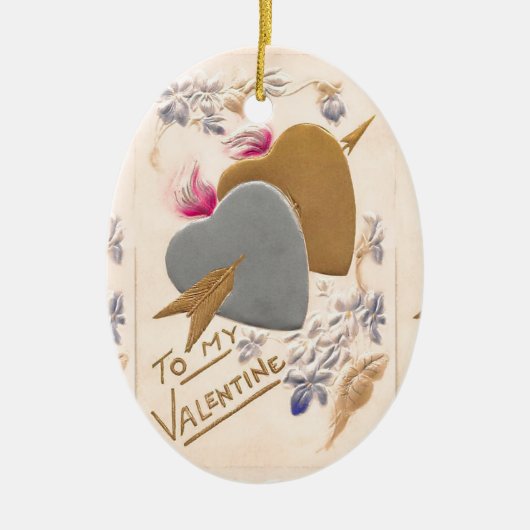 ヴィンテージシルバー&金ゴールドハートバレンタインポストカード セラミックオーナメント (正面)