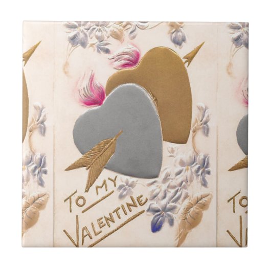ヴィンテージシルバー&金ゴールドハートバレンタインポストカード タイル (正面)