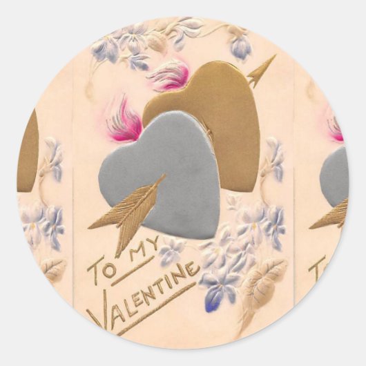 ヴィンテージシルバー&金ゴールドハートバレンタインポストカード ラウンドシール (正面)