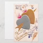 ヴィンテージシルバー&金ゴールドハートバレンタインポストカード 便箋 (正面/裏面)