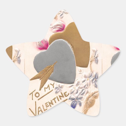 ヴィンテージシルバー&金ゴールドハートバレンタインポストカード 星シール (正面)