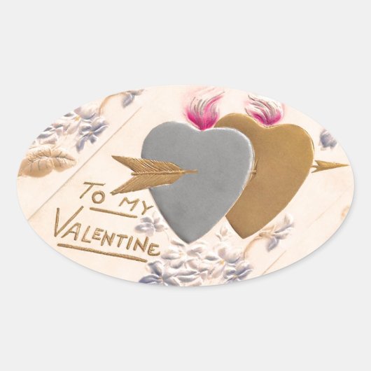 ヴィンテージシルバー&金ゴールドハートバレンタインポストカード 楕円形シール (正面)