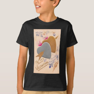 ヴィンテージシルバー&金ゴールドハートバレンタインポストカード Tシャツ
