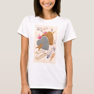 ヴィンテージシルバー&金ゴールドハートバレンタインポストカード Tシャツ