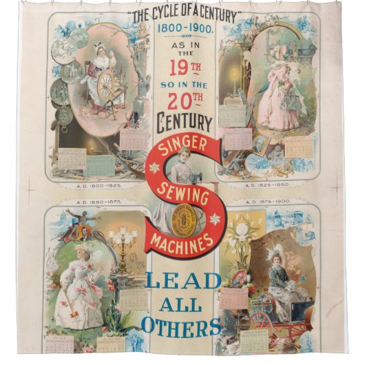 ヴィンテージシンガー裁縫マシンAd シャワーカーテン (正面)