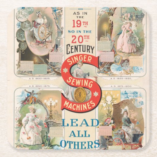ヴィンテージシンガー裁縫マシンAd スクエアペーパーコースター (正面)