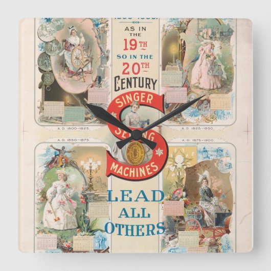 ヴィンテージシンガー裁縫マシンAd スクエア壁時計 (正面)