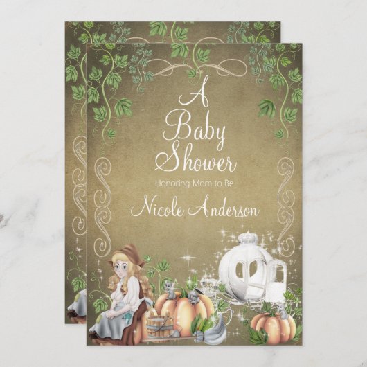 ヴィンテージシンデレラストーリーブックフェアリーテイルベイビーシャワー 招待状 (正面/裏面)