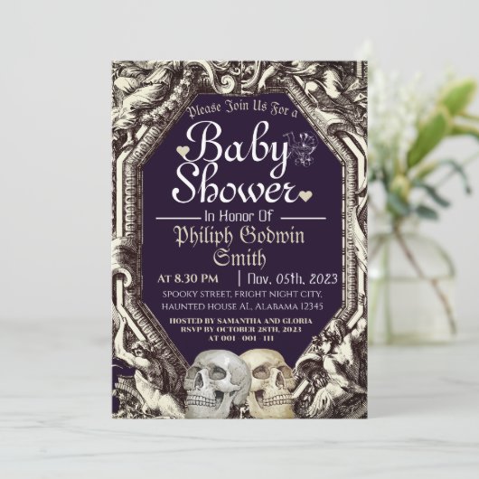 ヴィンテージシンプルゴシックスカルハロウィーンベイビーシャワー 招待状 (スタンド正面)