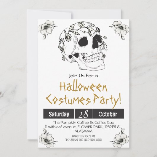 ヴィンテージシンプルハローウィンパーティゴシックスカル 招待状 (正面)