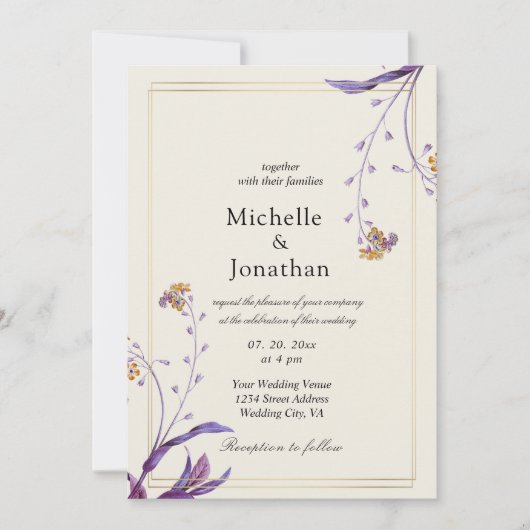 ヴィンテージシンプルパープルフラワークリスチャン結婚ズ 招待状 (正面)