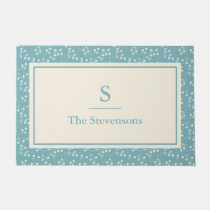 ヴィンテージシンプルブルーフローラルパターンモノグラム名 ドアマット