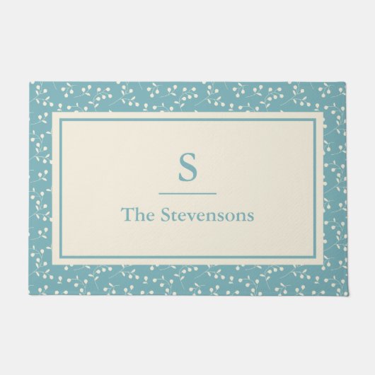 ヴィンテージシンプルブルーフローラルパターンモノグラム名 ドアマット (正面)