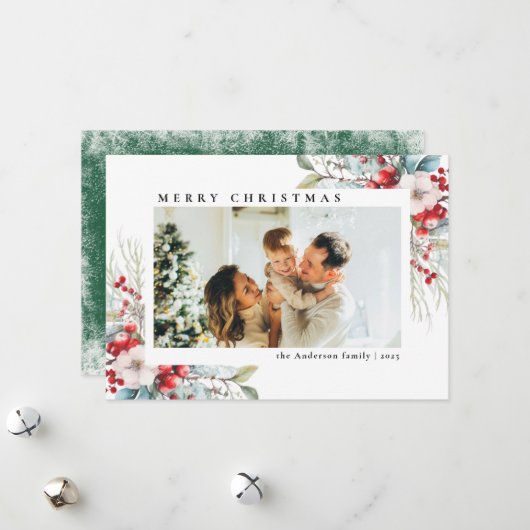 ヴィンテージシンプルボタニカルベリー | フォトクリスマス シーズンカード (正面/裏面インサイチュ)