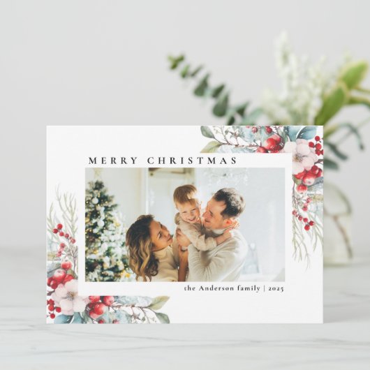 ヴィンテージシンプルボタニカルベリー | フォトクリスマス シーズンカード (スタンド正面)
