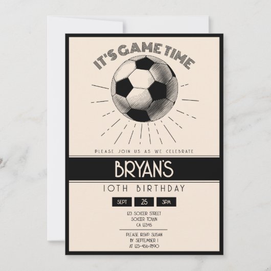 ヴィンテージシンプルレトロブラックサッカー誕生日 招待状 (正面)