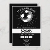 ヴィンテージシンプルレトロホワイトサッカー誕生日 招待状 (正面/裏面)