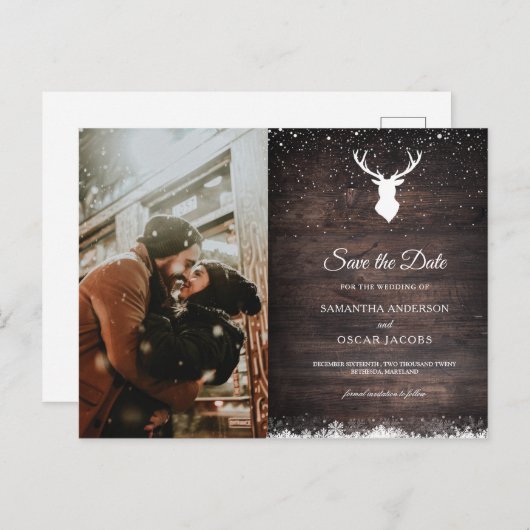 ヴィンテージシンプル冬の鹿と雪の吹き出しアナウンセメン 案内ポストカード (正面/裏面)