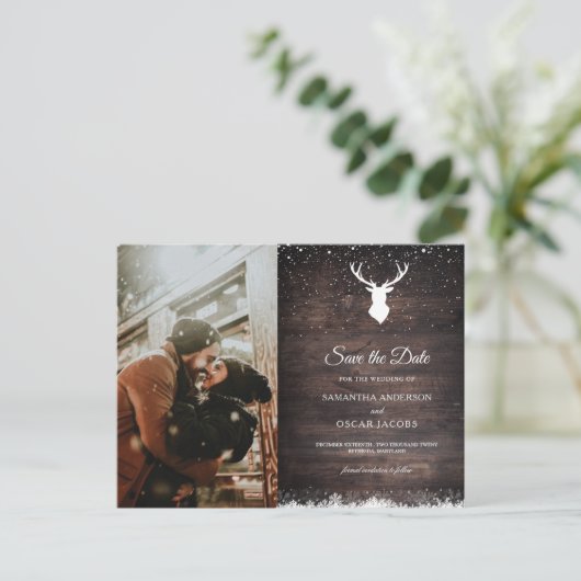 ヴィンテージシンプル冬の鹿と雪の吹き出しアナウンセメン 案内ポストカード (スタンド正面)