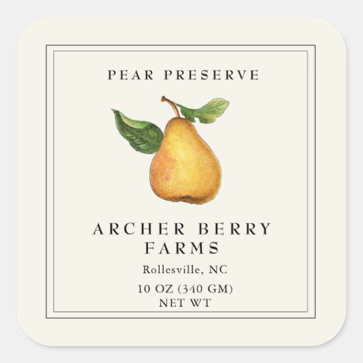 ヴィンテージシンプルPear Preserve Jam Jarラベル スクエアシール (正面)