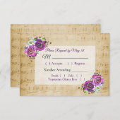 ヴィンテージシートミュージックパープルバラウェディングRSVPカード 出欠カード (正面/裏面)
